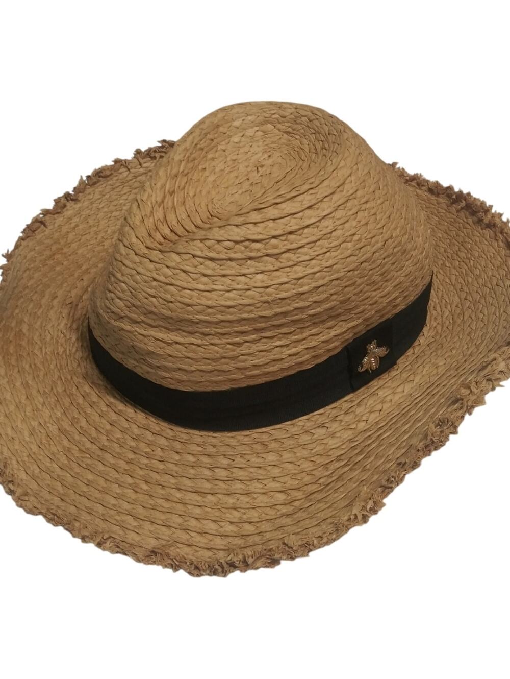 Vince Camuto Straw Panama Jack Wide Brim Sun Hat with Black Band and Bee Accent